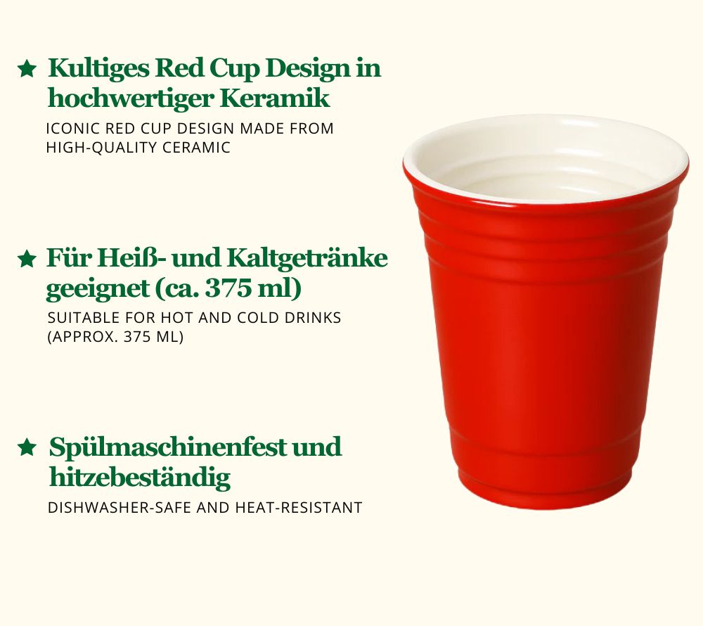 Keramik Red Cup Becher: Stylisch, langlebig & spülmaschinenfest. 375 ml für Kaffee, Tee oder Drinks – bringt USA-Feeling in den Alltag. Jetzt entdecken!