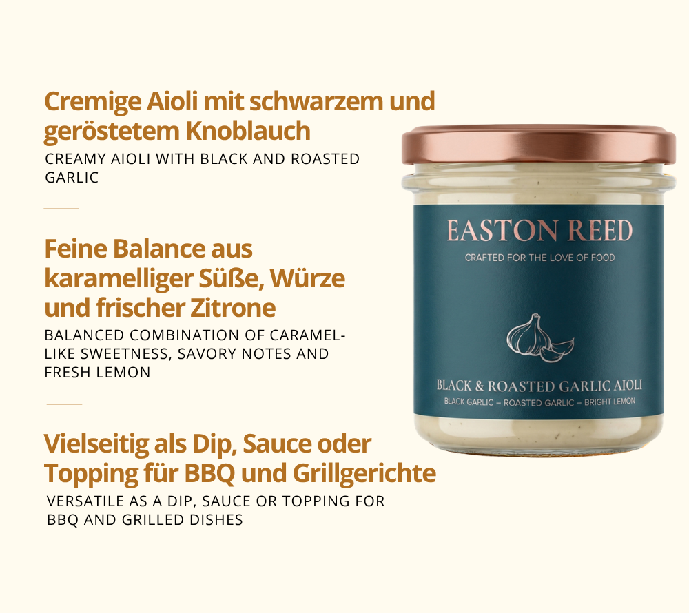 Cremige Aioli mit schwarzem und geröstetem Knoblauch - vielseitig als Dip, Sauce oder Topping für BBQ-Gerichte