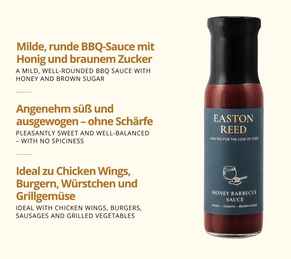Milde, runde BBQ-Sauce mit Honig und braunem Zucker - zu Chicken Wings, Burgern, Würstchen und mehr