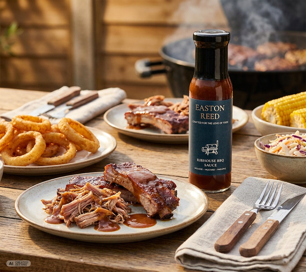 Easton Reed Ribhouse BBQ Sauce auf einem gedeckten BBQ-Tisch mit Rippchen und Beilagen