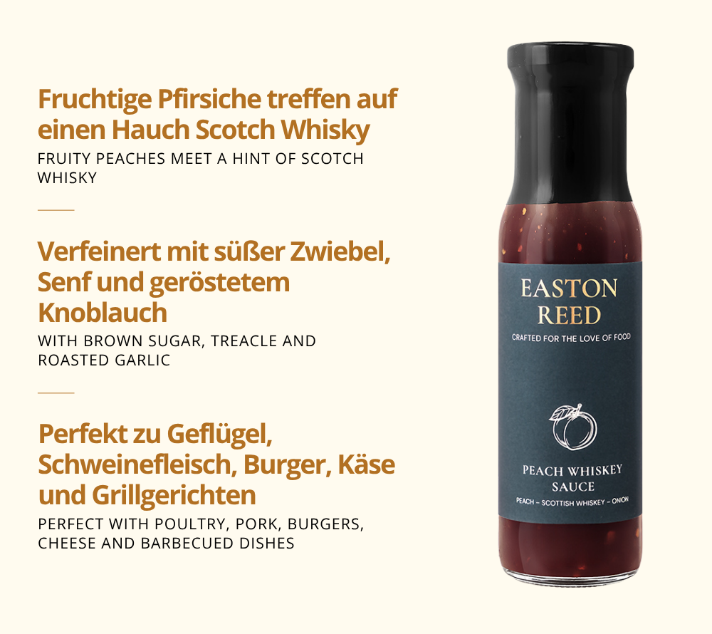 Fruchtige Pfirsiche treffen auf einen Hauch Scotch Whisky - zu Geflügel, Schweinefleisch, Burgern und mehr