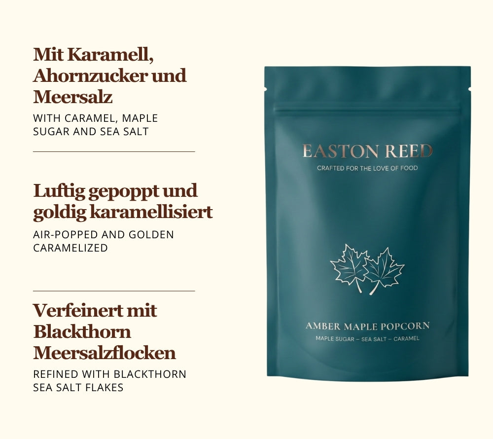 Gourmet Popcorn von Easton Reed mit 3 Fakten zum Produkt in deutsch und in englisch jeweils