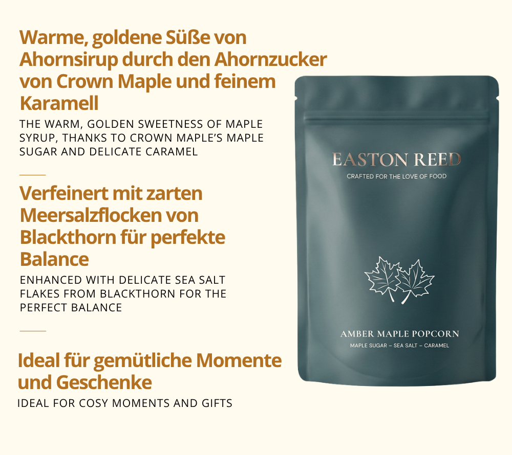 Gourmet Popcorn von Easton Reed mit 3 Fakten zum Produkt in deutsch und in englisch jeweils