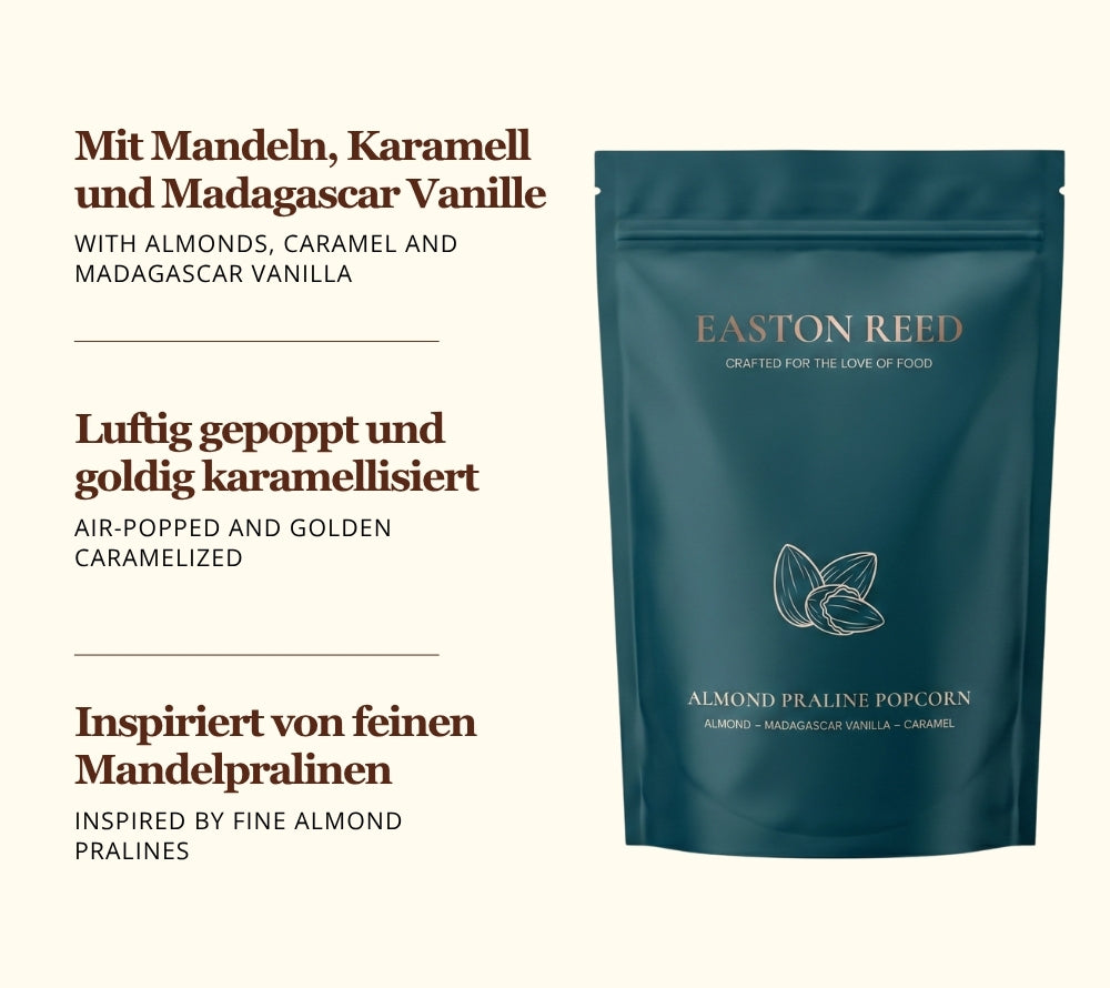 Gourmet Popcorn von Easton Reed mit 3 Fakten zum Produkt in deutsch und in englisch jeweils