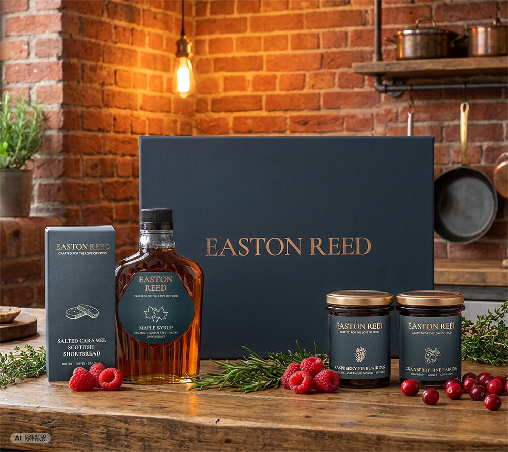 Easton Reed Genießer Geschenkset mit Ahornsirup, Shortbread und zwei fruchtigen Chutneys im Geschenkkarton