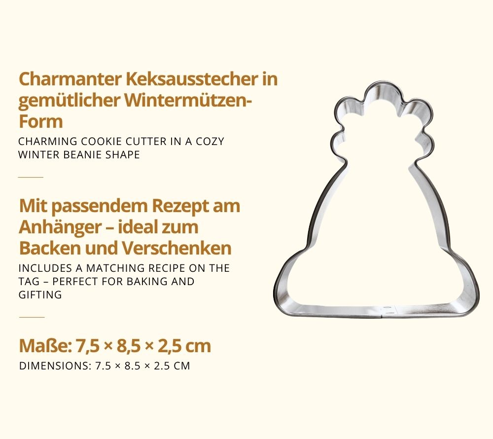 Winter Beanie Keksausstecher mit 3 Vorteilen auf Deutsch und Englisch