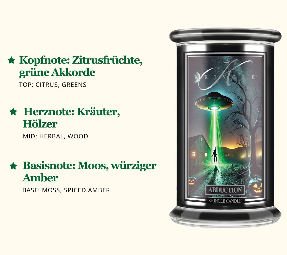 Abduction Duftkerze von Kringle Candle☆ Kopfnote: Zitrusfrüchte, grüne Akkorde☆ Herznote: Kräuter, Hölzer☆ Basisnote: Moos, würziger Amber ☆ Jetzt bestellen!