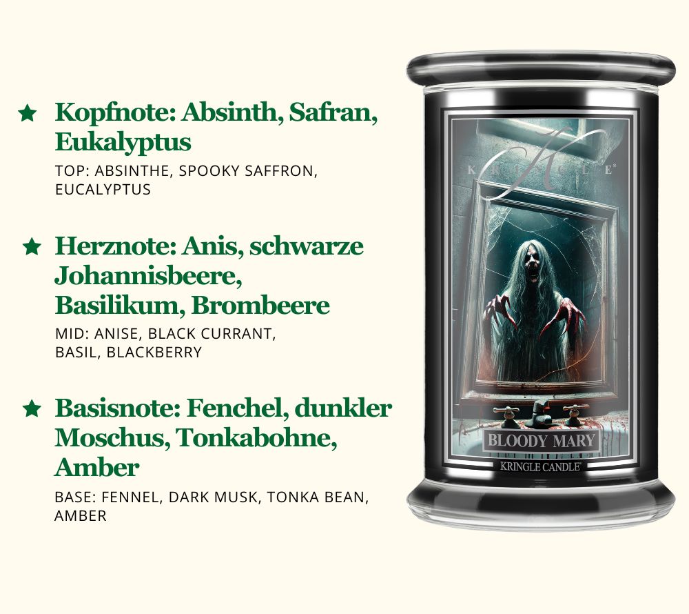Bloody Mary Duftkerze von Kringle Candle ☆ Kopfnote: Absinth, Safran, Eukalyptus ☆ Basisnote: Fenchel, dunkler Moschus, Tonkabohne, Amber ☆ Jetzt entdecken!