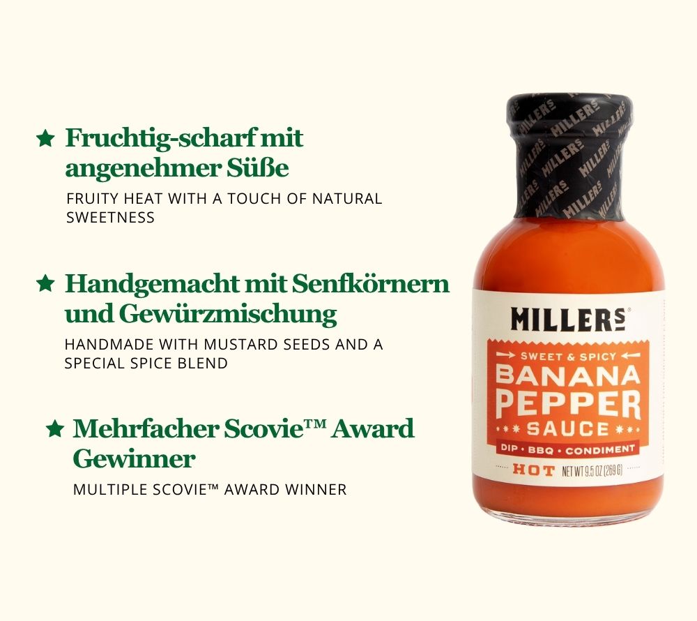 Banana Pepper Mild Sauce von Miller's Gourmet Foods kaufen – Süß-würzig & mild mit Bananenpfeffer, ideal für BBQ & Snacks
