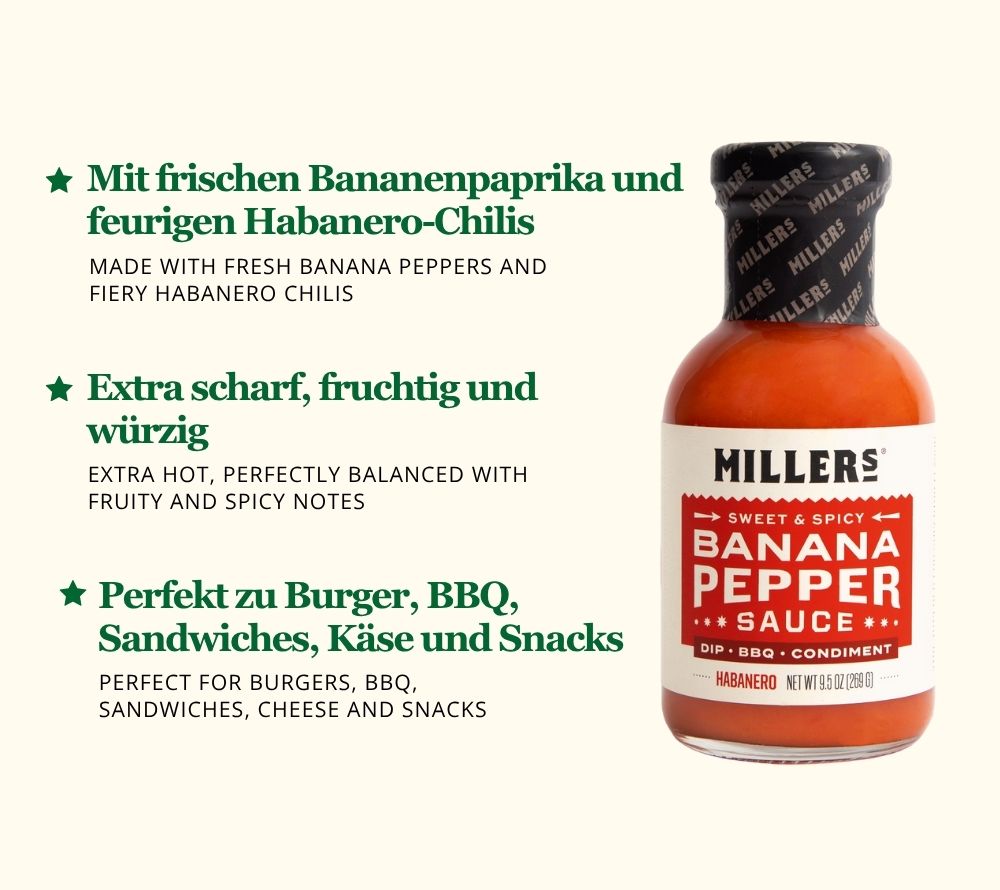 
                  
                    Banana Pepper Habanero Sauce von Miller's Gourmet Foods kaufen – Extra scharf & fruchtig mit Bananenpfeffer & Habanero

                  
                