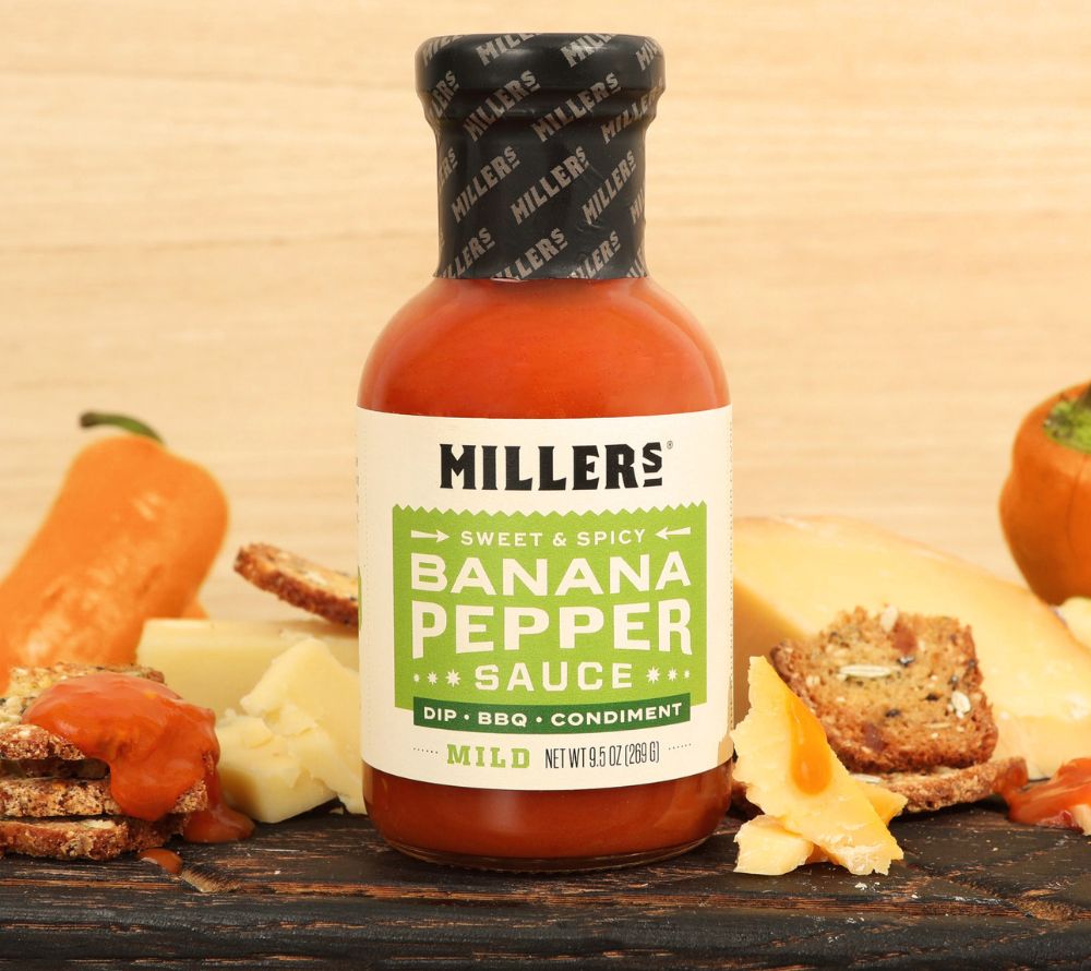 Banana Pepper Mild Sauce von Miller's Gourmet Foods kaufen – Süß-würzig & mild mit Bananenpfeffer, ideal für BBQ & Snacks

