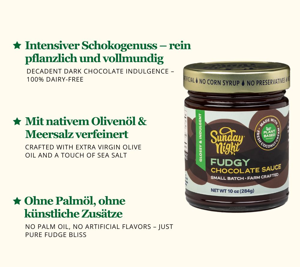 Sunday Night Vegane Schokoladensauce kaufen | Geschmack: Dunkle Schokolade, Meersalz, Olivenöl | Vielseitig für Desserts & mehr | Jetzt entdecken!