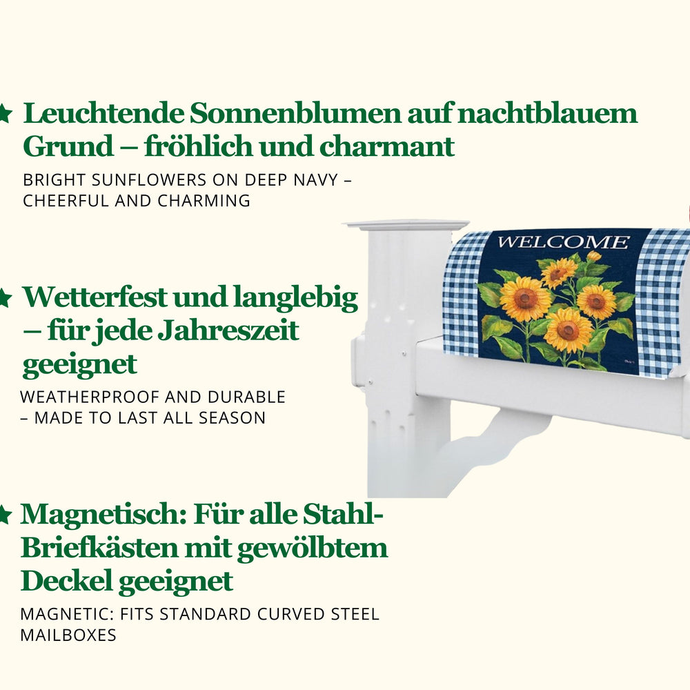 
                  
                    Sunflowers on Navy Mailbox Cover ☆ Sonnenblumen-Deko für Ihre US-Mailbox ☆ Spätsommerlicher Landhausstil für den Vorgarten ☆ Jetzt kaufen!
                  
                