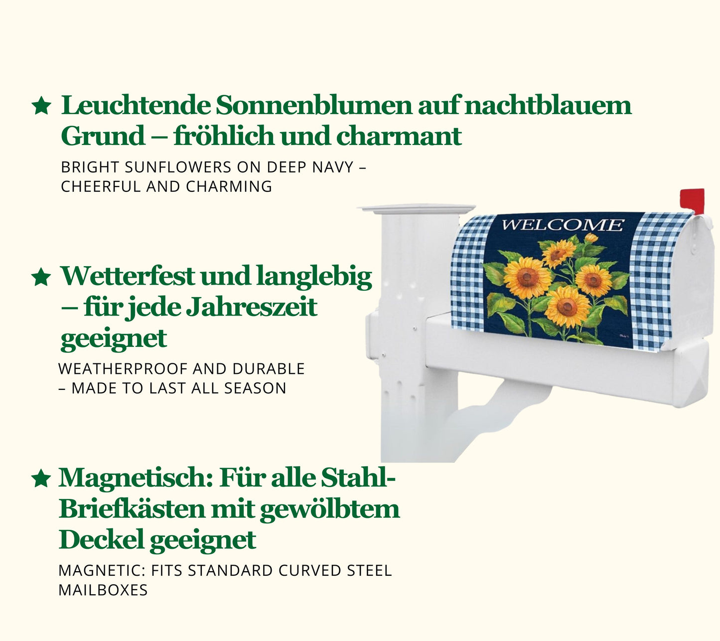 Sunflowers on Navy Mailbox Cover ☆ Sonnenblumen-Deko für Ihre US-Mailbox ☆ Spätsommerlicher Landhausstil für den Vorgarten ☆ Jetzt kaufen!