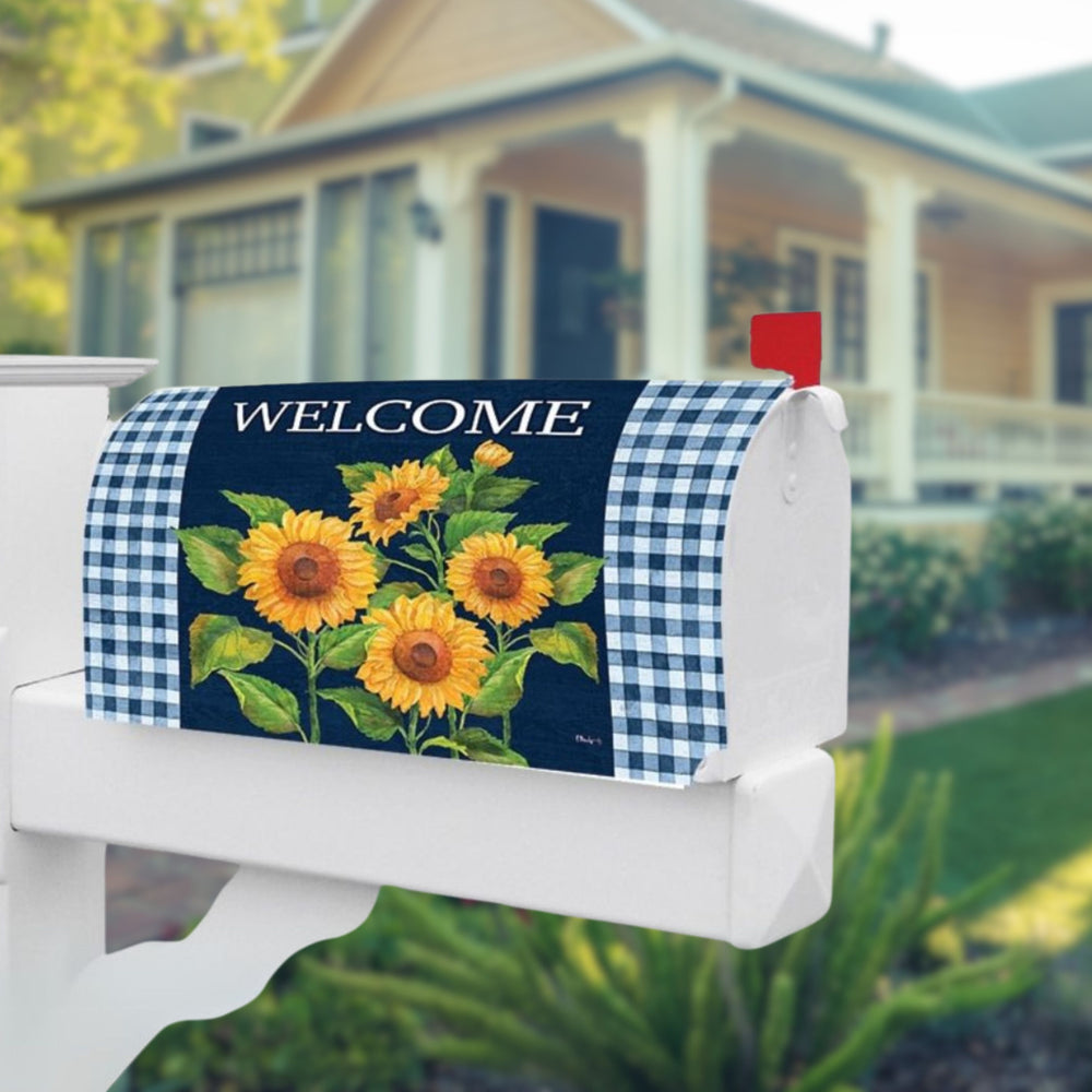 Sunflowers on Navy Mailbox Cover ☆ Sonnenblumen-Deko für Ihre US-Mailbox ☆ Spätsommerlicher Landhausstil für den Vorgarten ☆ Jetzt kaufen!