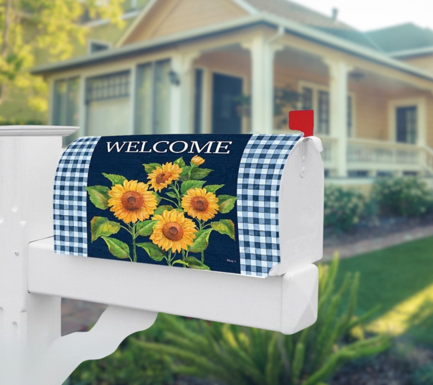 Sunflowers on Navy Mailbox Cover ☆ Sonnenblumen-Deko für Ihre US-Mailbox ☆ Spätsommerlicher Landhausstil für den Vorgarten ☆ Jetzt kaufen!