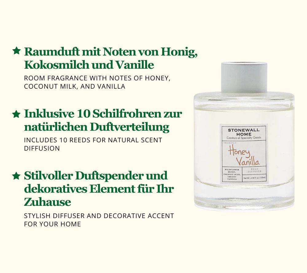 
                  
                    Reed Diffuser mit süßen Noten von Honig, Vanille & Kokosmilch für warme Atmosphäre
                  
                