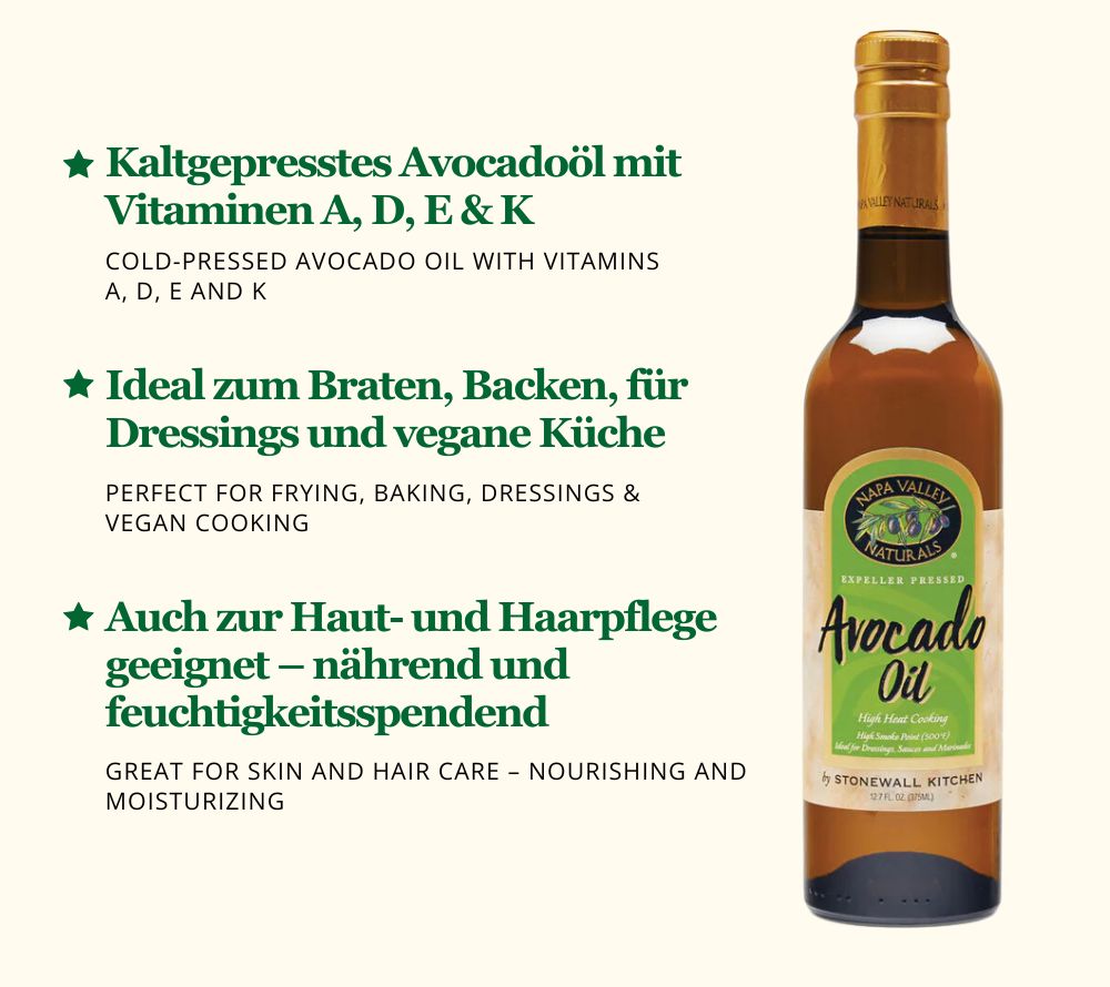 
                  
                    Napa Valley Avocado Oil von Stonewall Kitchen kaufen – Kaltgepresstes Avocadoöl, ideal für Küche & Kosmetik
                  
                