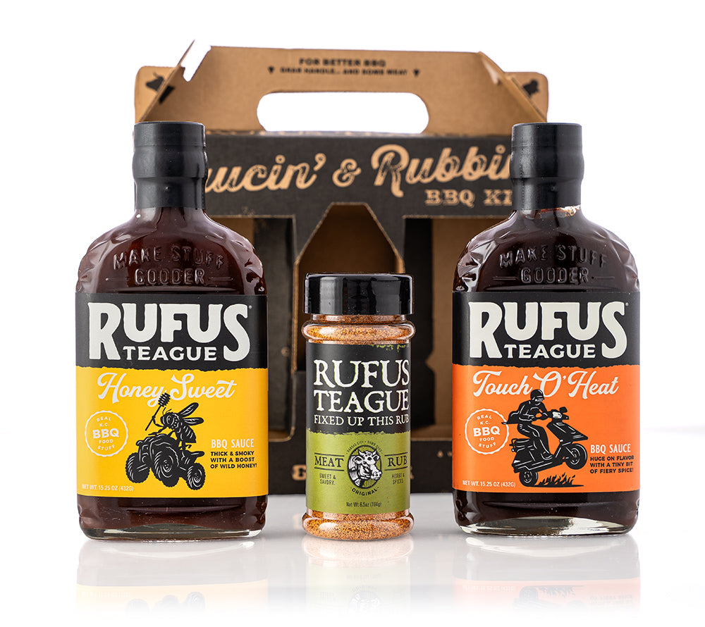 Rufus Teague BBQ Geschenkset mit zwei BBQ-Saucen und einem aromatischen Fleischgewürz im stilvollen Geschenkkarton.