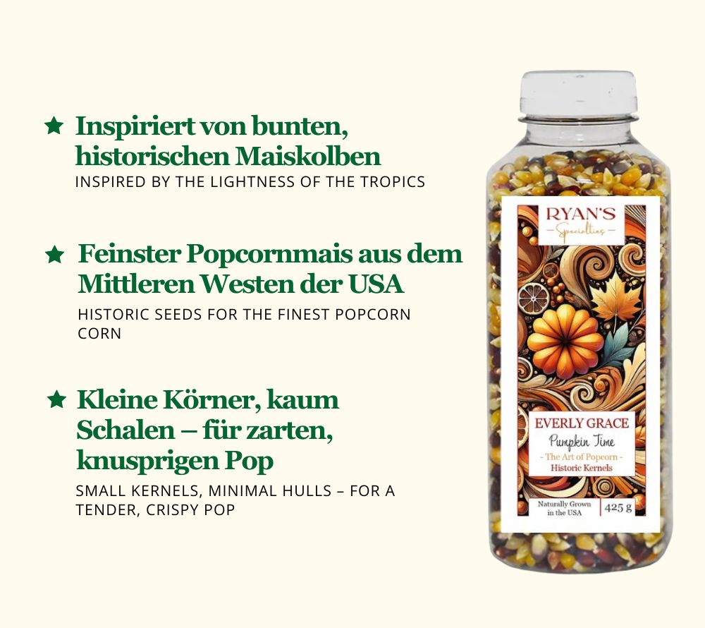 Entdecken Sie die Everly Grace Pumpkin Time Popcornkörner - hochwertiger Gourmet-Popcornmais. Handverlesen & knusprig. Jetzt bei American Heritage online kaufen!
