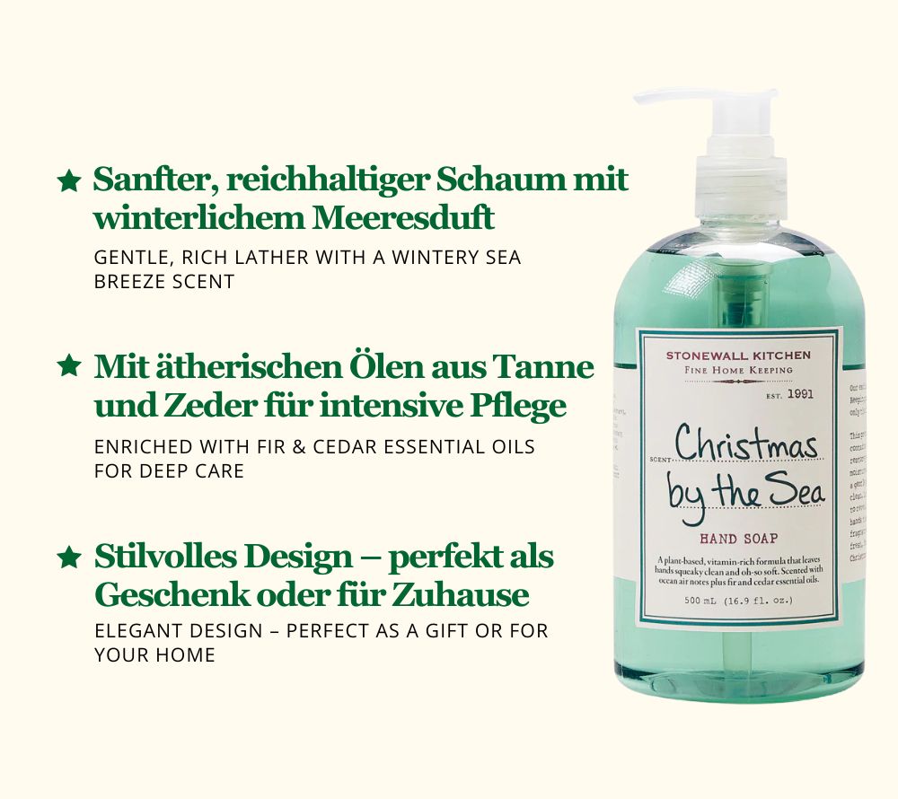 Christmas by the Sea Hand Soap von Stonewall Kitchen (Spender mit 500 ml Flüssigseife) kaufen | ☆ Luxuriöse Seife in edlem Design ☆ Mit natürlichen Inhaltsstoffen ☆ Jetzt probieren!