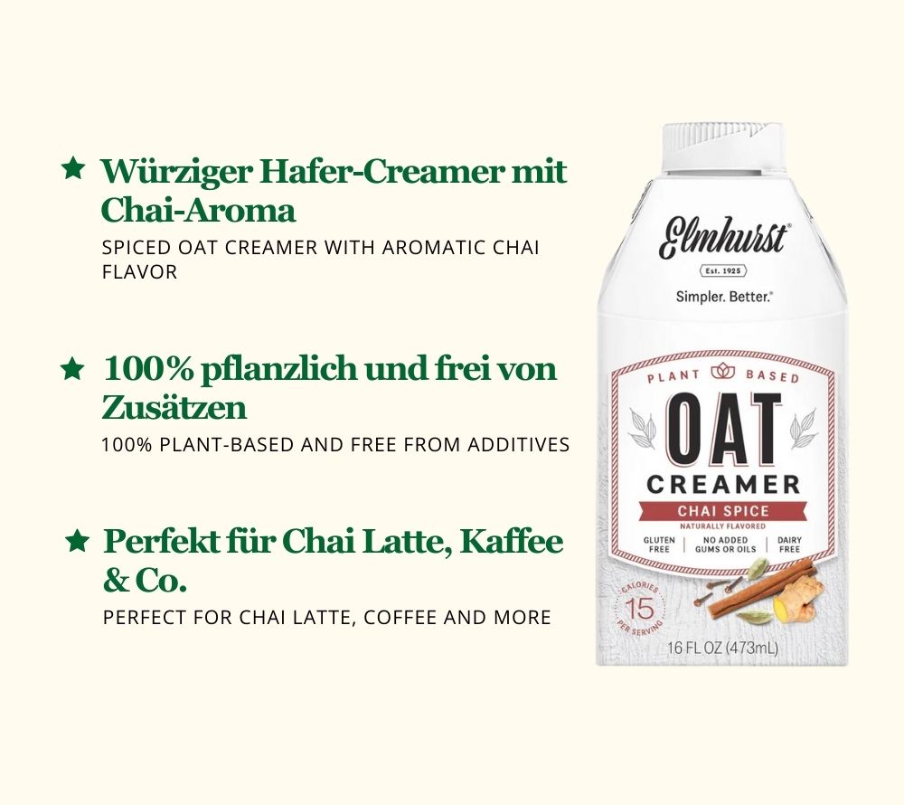 
                  
                    Chai Spice Oat Creamer von Elmhurst kaufen – pflanzlicher Hafercreamer mit würziger Chai-Note
                  
                