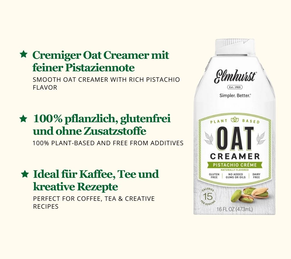 
                  
                    Hafer-Creamer mit Pistaziengeschmack, vegan & vielseitig für Kaffee oder Tee
                  
                