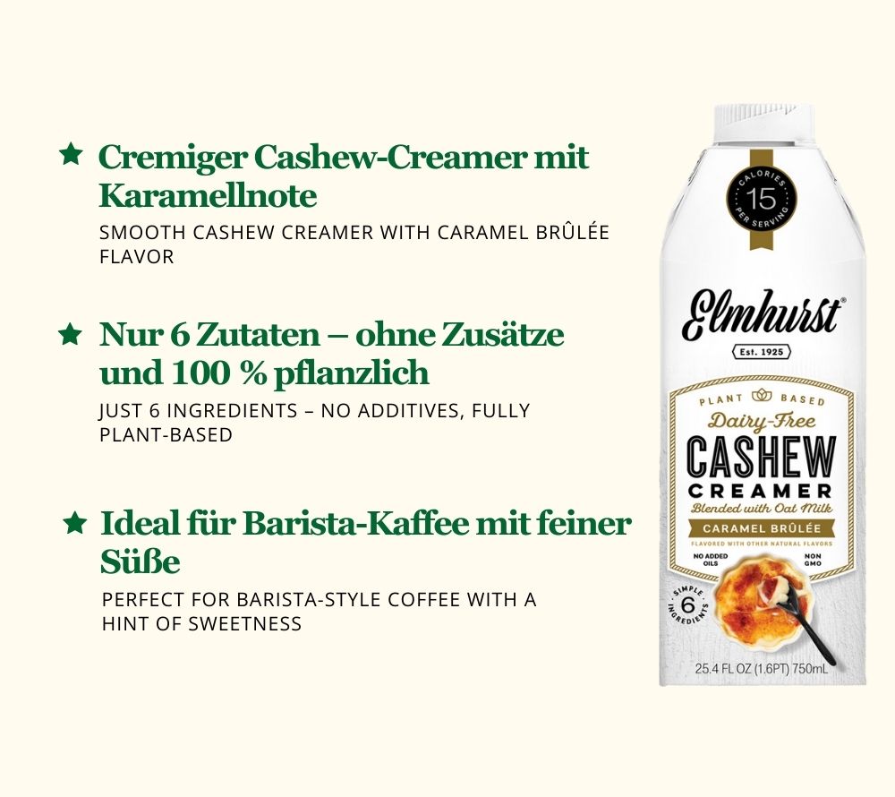 Caramel Brûlée Cashew Creamer kaufen – pflanzlicher Kaffee-Creamer mit geröstetem Karamell, vegan, 1g Zucker