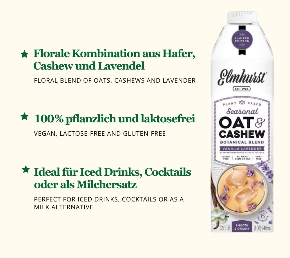 Vanilla Lavender Botanical Blend von Elmhurst kaufen ☆ Sanfte Vanille & Lavendel ☆ Vegan, laktosefrei, glutenfrei ☆ Perfekt für Iced Latte ☆ Jetzt kaufen!