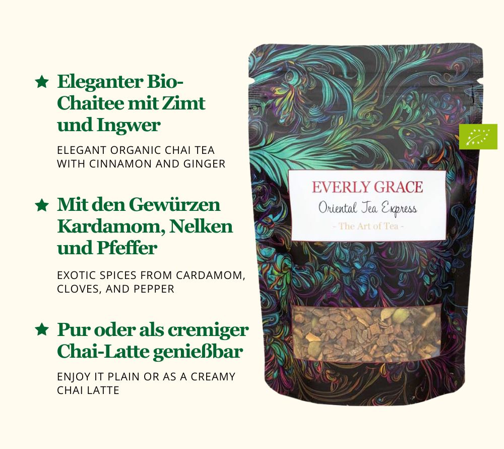 
                  
                    Everly Grace Oriental Tea Express Tee kaufen | koffeinfreier Bio-Tee ohne Aromen | Kräutertee mit Ingwer, Zimt und Kardamom | Eine verführerische Teemischung für luxuriöse Genussmomente!
                  
                
