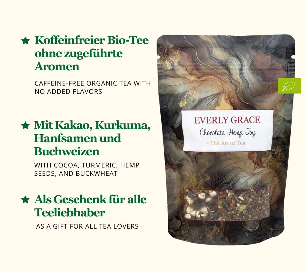 
                  
                    Everly Grace Tea – Bio-Schokolade-Hanf-Tee mit Kurkuma für Genuss & Entspannung
                  
                
