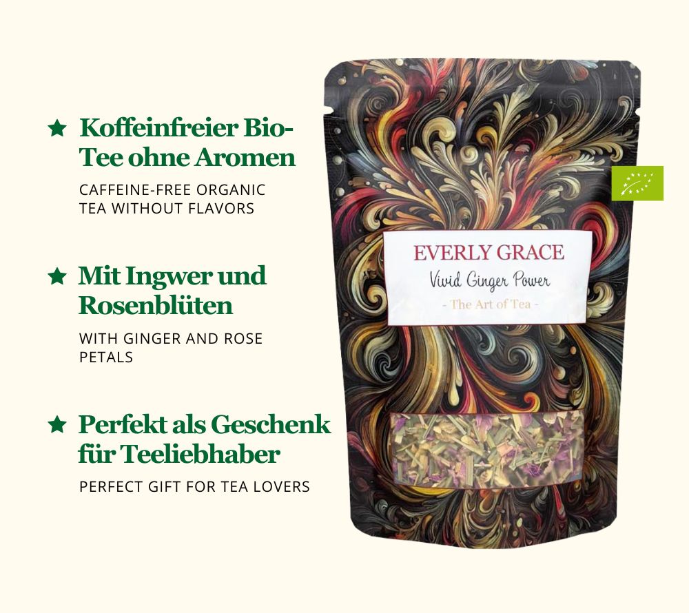 Everly Grace Vivid Ginger Power – Bio-Ingwertee mit Lemongras & Rosenblüten für Energie & Genuss