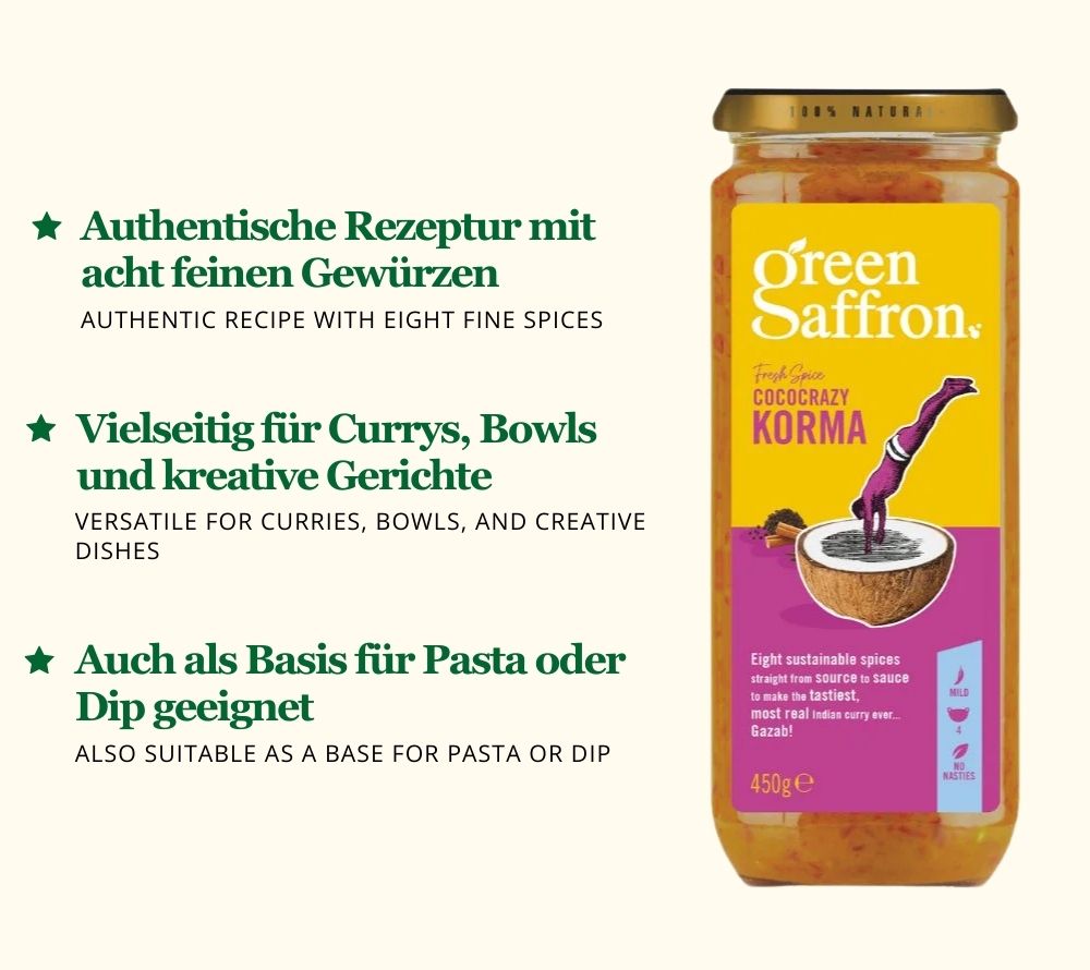 
                  
                    Green Saffron Korma-Sauce online bestellen – Mild-cremig, ideal für Currys & Bowls
                  
                