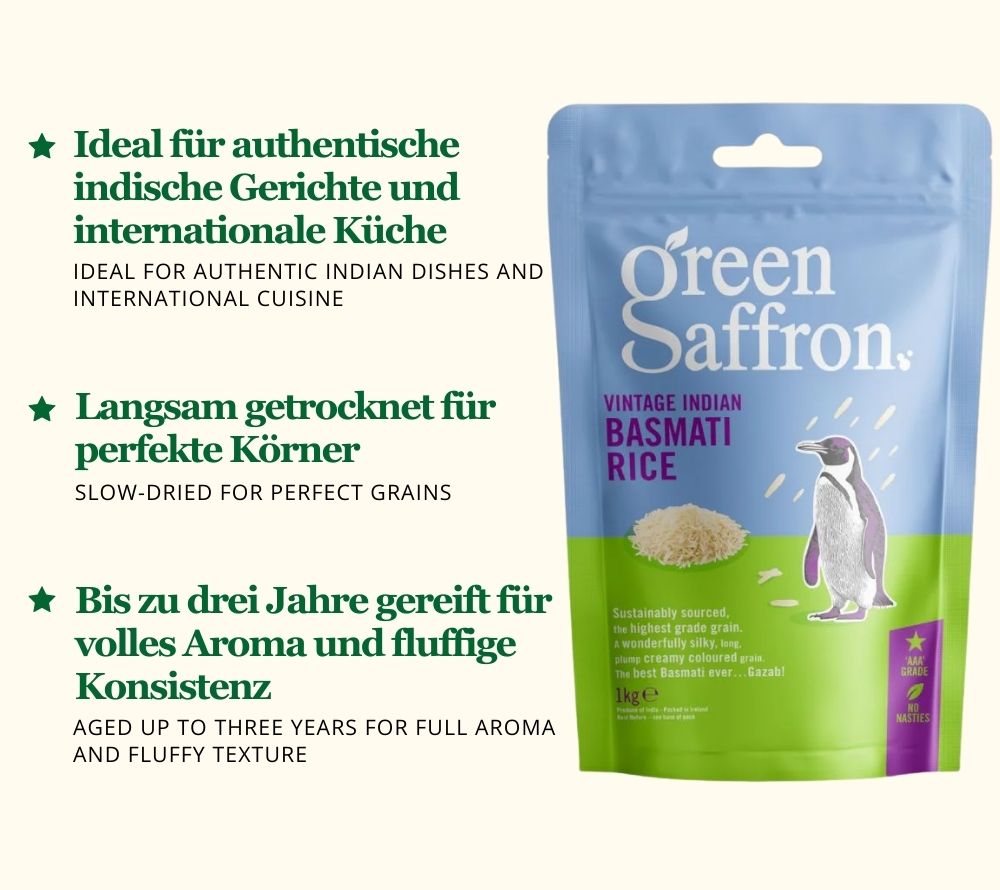 Green Saffron Vintage Basmati online kaufen – Premium-Reis, langkörnig, aromatisch & perfekt für Biryani.