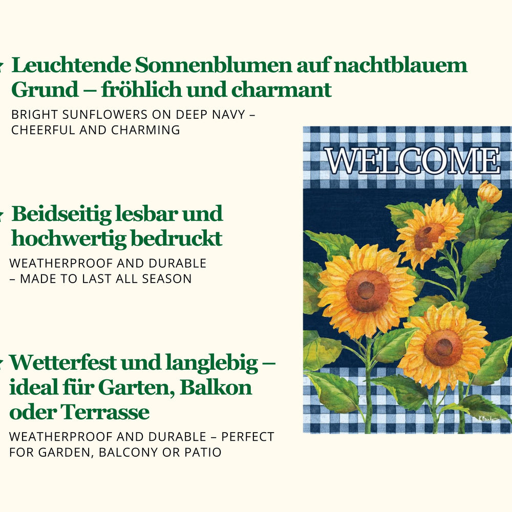 
                  
                    Gartenfahne Sunflowers on Navy ☆ Leuchtende Sonnenblumen auf dunklem Blau ☆ Sommerlicher Landhaus-Charme für Garten & Balkon☆ Jetzt kaufen!
                  
                