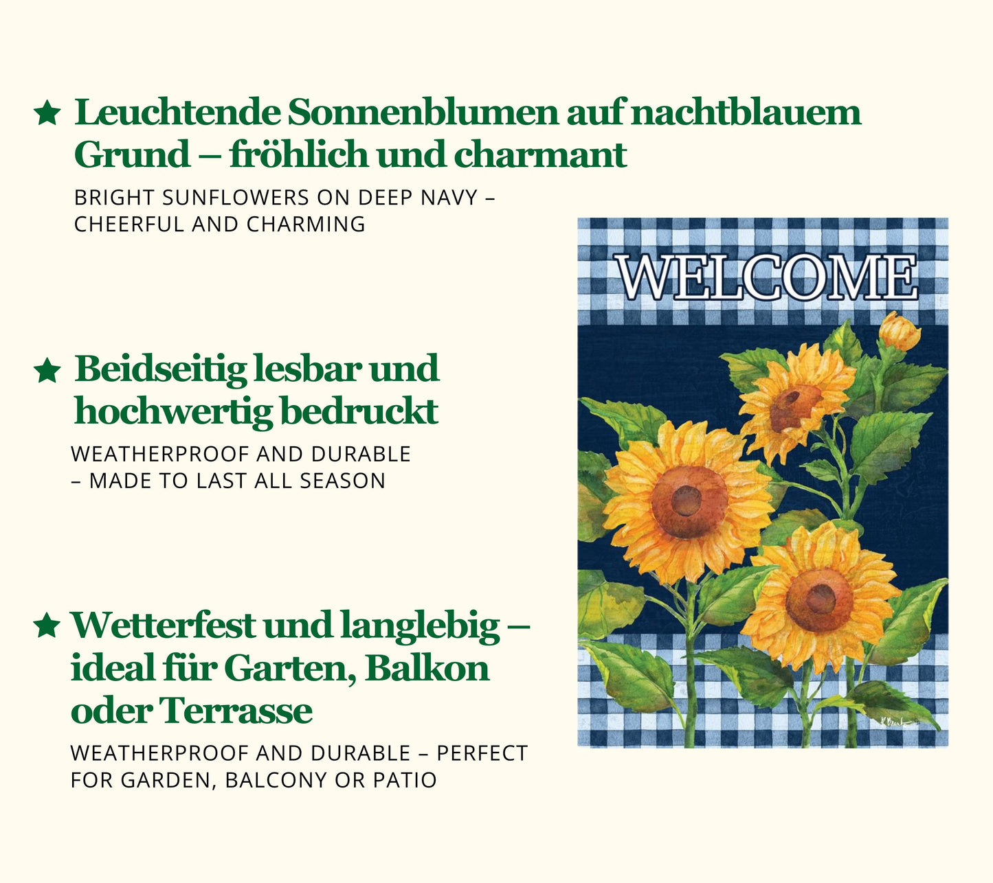 Gartenfahne Sunflowers on Navy ☆ Leuchtende Sonnenblumen auf dunklem Blau ☆ Sommerlicher Landhaus-Charme für Garten & Balkon☆ Jetzt kaufen!