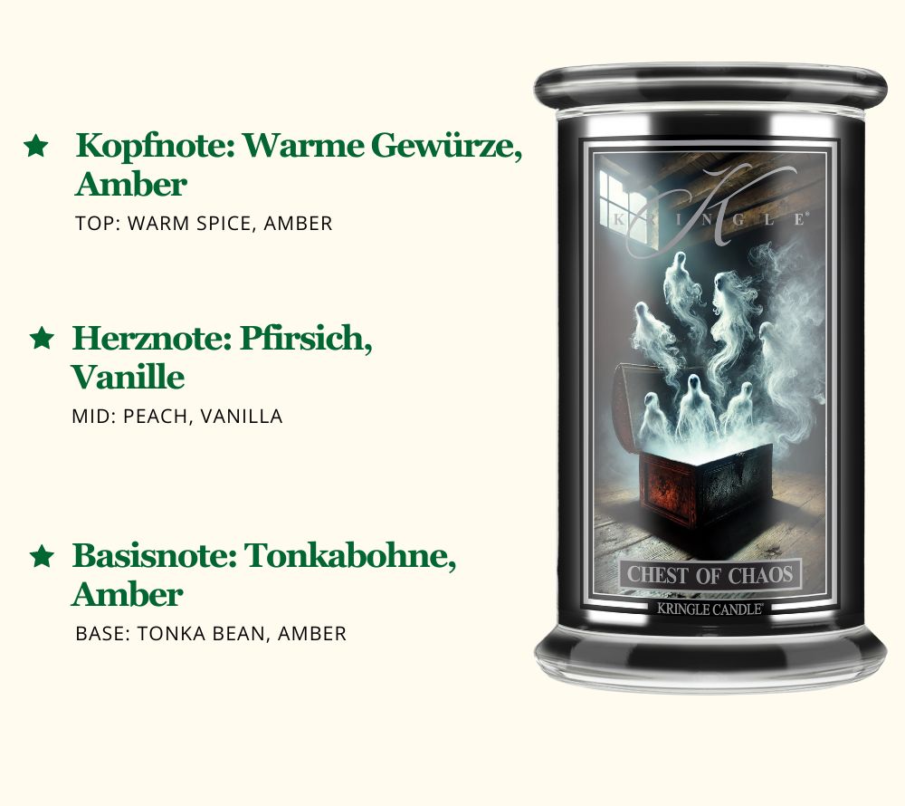Chest of Chaos Duftkerze von Kringle Candle ☆ Kopfnote: Warme Gewürze, Amber☆ Herznote: Pfirsich, Vanille☆ Basisnote: Tonkabohne, Amber ☆ Jetzt entdecken!
