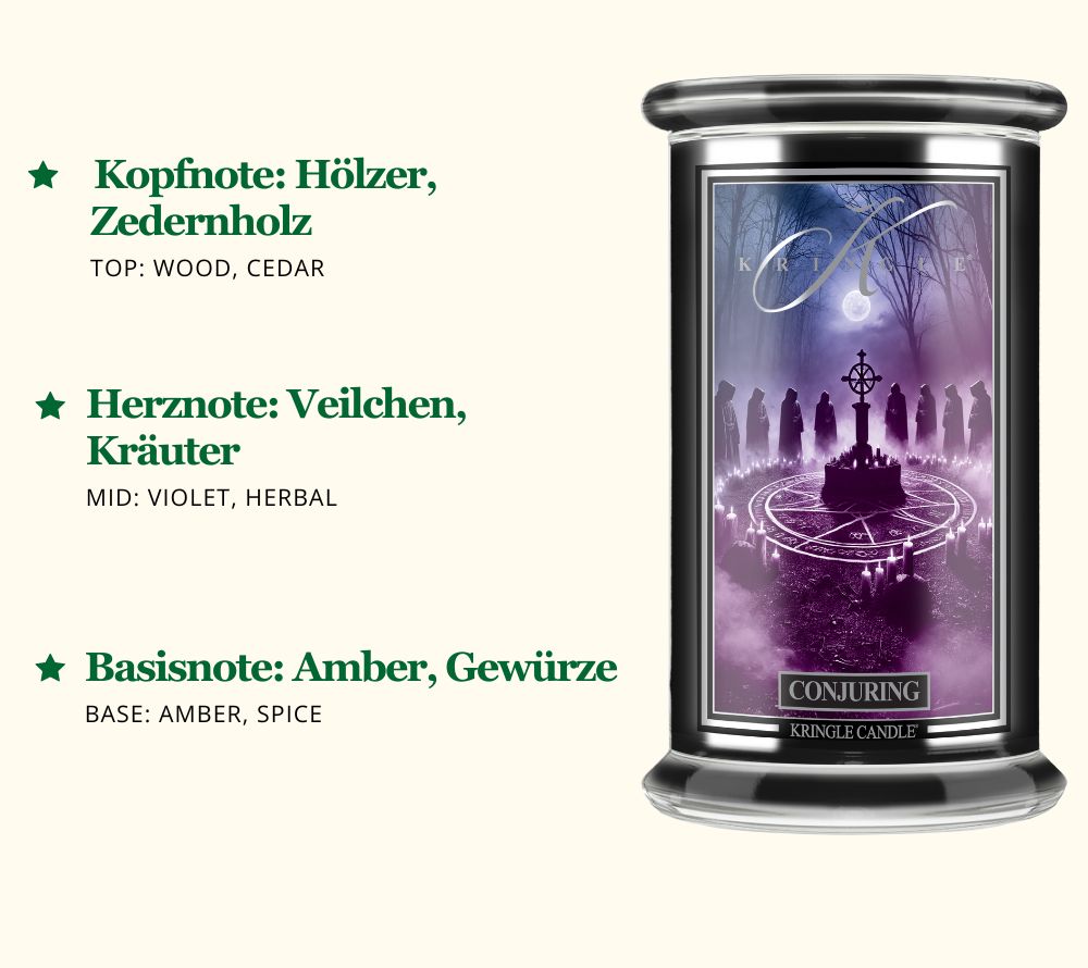 Conjuring Duftkerze von Kringle Candle ☆ Kopfnote: Hölzer, Zedernholz ☆ Herznote: Veilchen, Kräuter ☆ Basisnote: Amber, Gewürze ☆ Europaweiter Versand ☆ Jetzt bestellen!