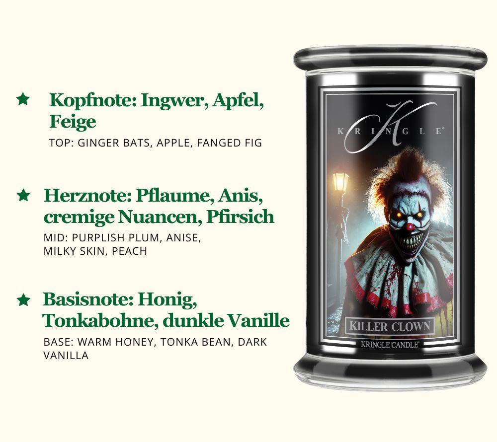 Killer Clown Duftkerze ☆ Kopfnote: Ingwer, Apfel, Feige ☆ Herznote: Pflaume, Anis, cremige Nuancen, Pfirsich ☆ Basisnote: Honig, Tonkabohne, dunkle Vanille ☆ Jetzt bestellen!