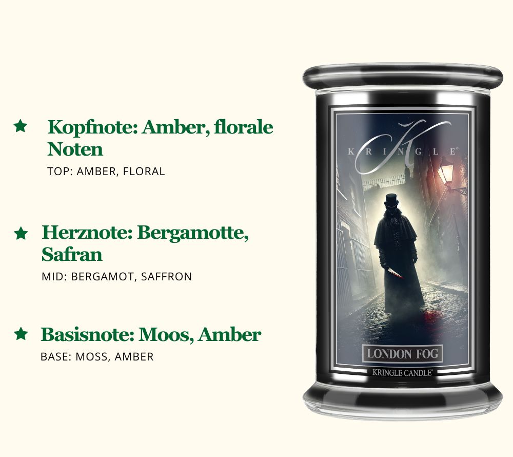 London Fog Duftkerze ☆ Kopfnote: Amber, florale Noten ☆ Herznote: Bergamotte, Safran ☆ Basisnote: Moos, Amber ☆ Europaweiter Versand ☆ Jetzt bestellen!