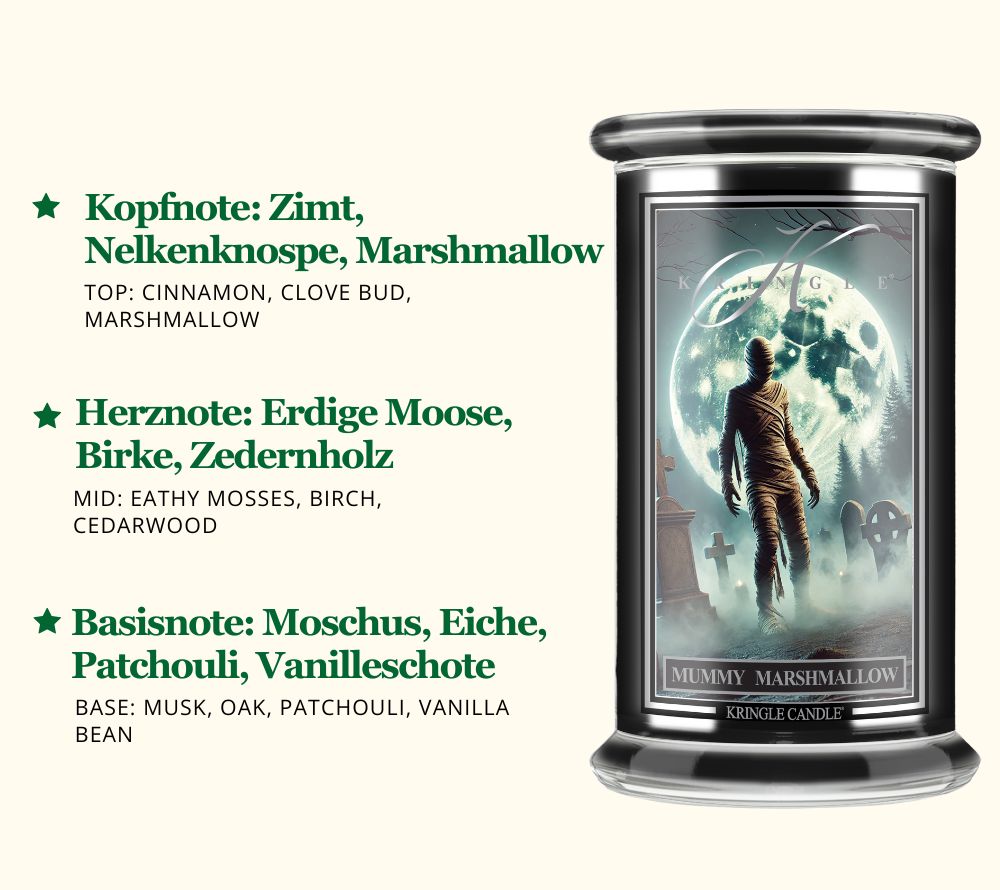 Mummy Marshmallow Duftkerze ☆ Kopfnote: Zimt, Nelkenknospe, Marshmallow ☆  Basisnote: Moschus, Eiche, Patchouli, Vanilleschote ☆ Jetzt bestellen!