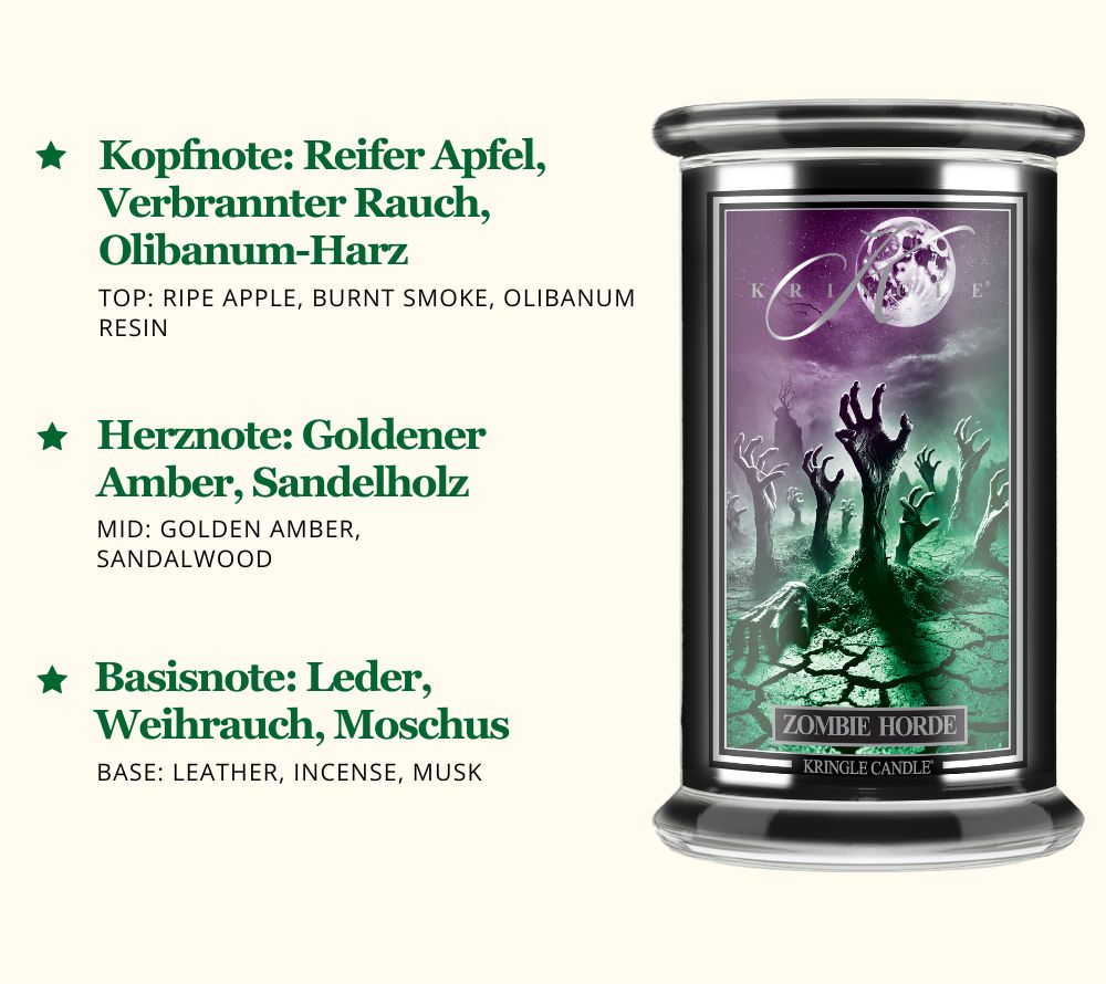 Zombie Horde Duftkerze ☆ Kopfnote: Reifer Apfel, Rauch, Olibanum-Harz ☆ Herznote: Goldener Amber, Sandelholz ☆ Basisnote: Leder, Weihrauch, Moschus ☆ Jetzt bestellen!