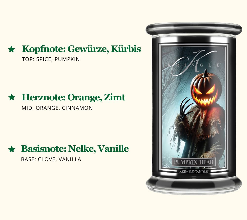Pumpkin Head Duftkerze ☆ Kopfnote: Gewürze, Kürbis ☆ Herznote: Orange, Zimt ☆ Basisnote: Nelke, Vanille ☆  Europaweiter Versand ☆ Jetzt entdecken!