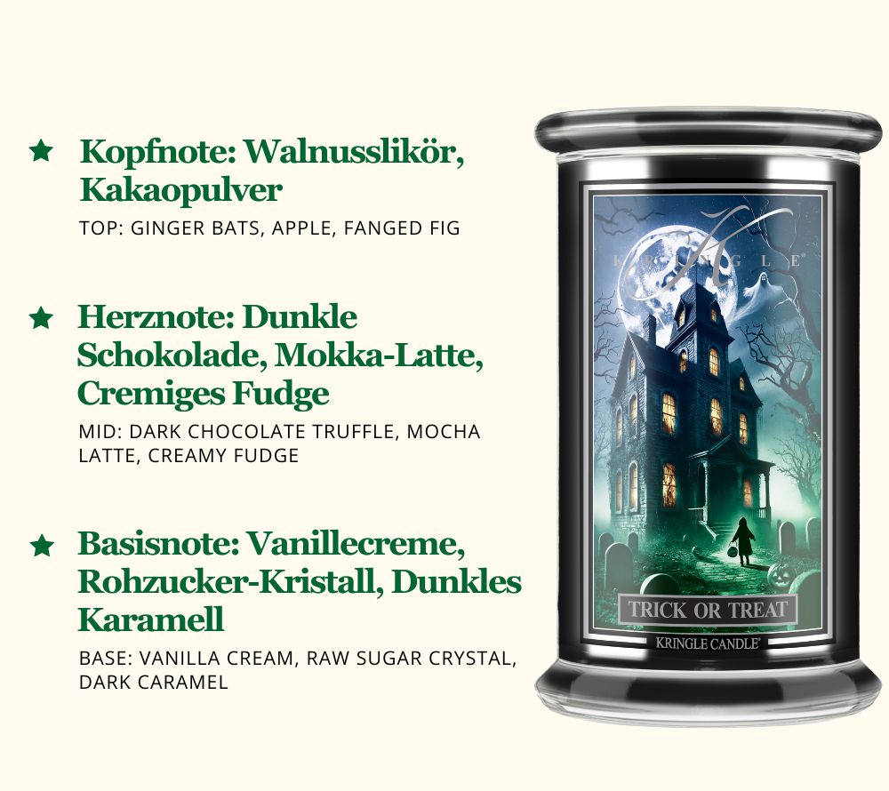 Trick or Treat Duftkerze ☆ Kopfnote: Walnusslikör, Kakaopulver ☆ Basisnote: Vanillecreme, Rohzucker-Kristall, Dunkles Karamell ☆ Jetzt bestellen!