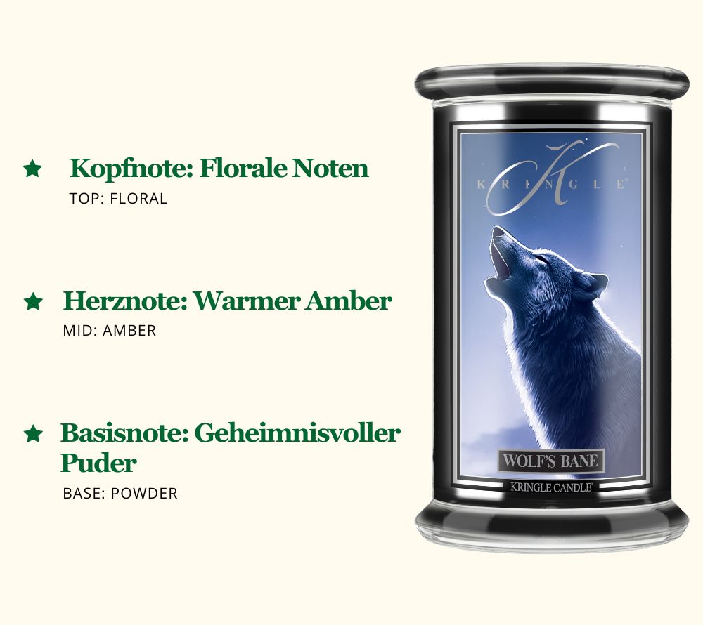 Wolf’s Bane Duftkerze ☆ Kopfnote: Florale Noten☆ Herznote: Warmer Amber☆ Basisnote: Geheimnisvoller Puder ☆ Europaweiter Versand ☆ Jetzt bestellen!