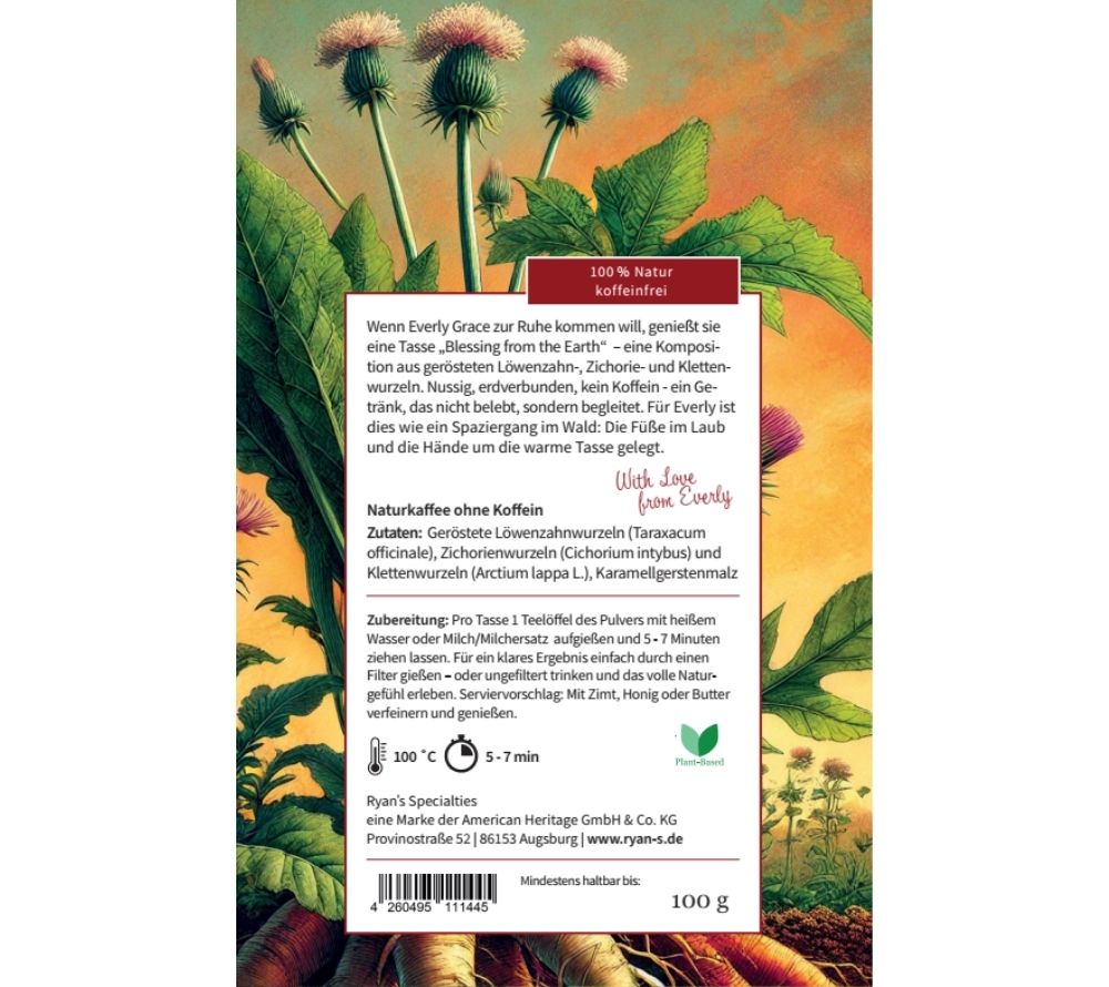 
                  
                    Everly Grace Blessing from the Earth – Naturkaffee mit Löwenzahn, Zichorie & Karamellgerstenmalz, koffeinfrei
                  
                