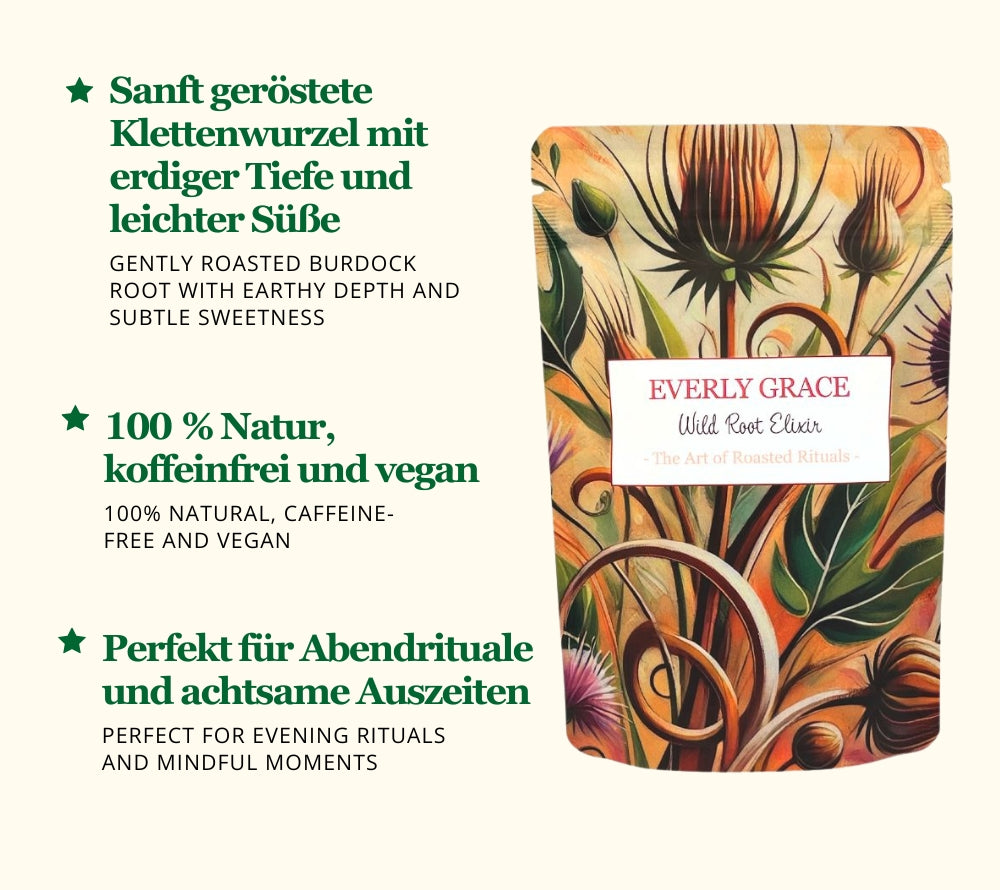 
                  
                    Everly Grace Wild Root Elixir – Naturkaffee aus Klettenwurzel, koffeinfrei genießen
                  
                