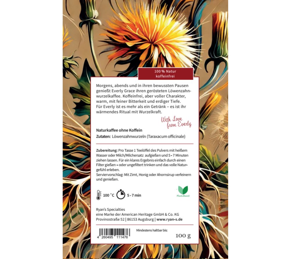 
                  
                    Everly Grace Sacred Dandelion Roots – Naturkaffee aus Löwenzahnwurzel, koffeinfrei genießen
                  
                