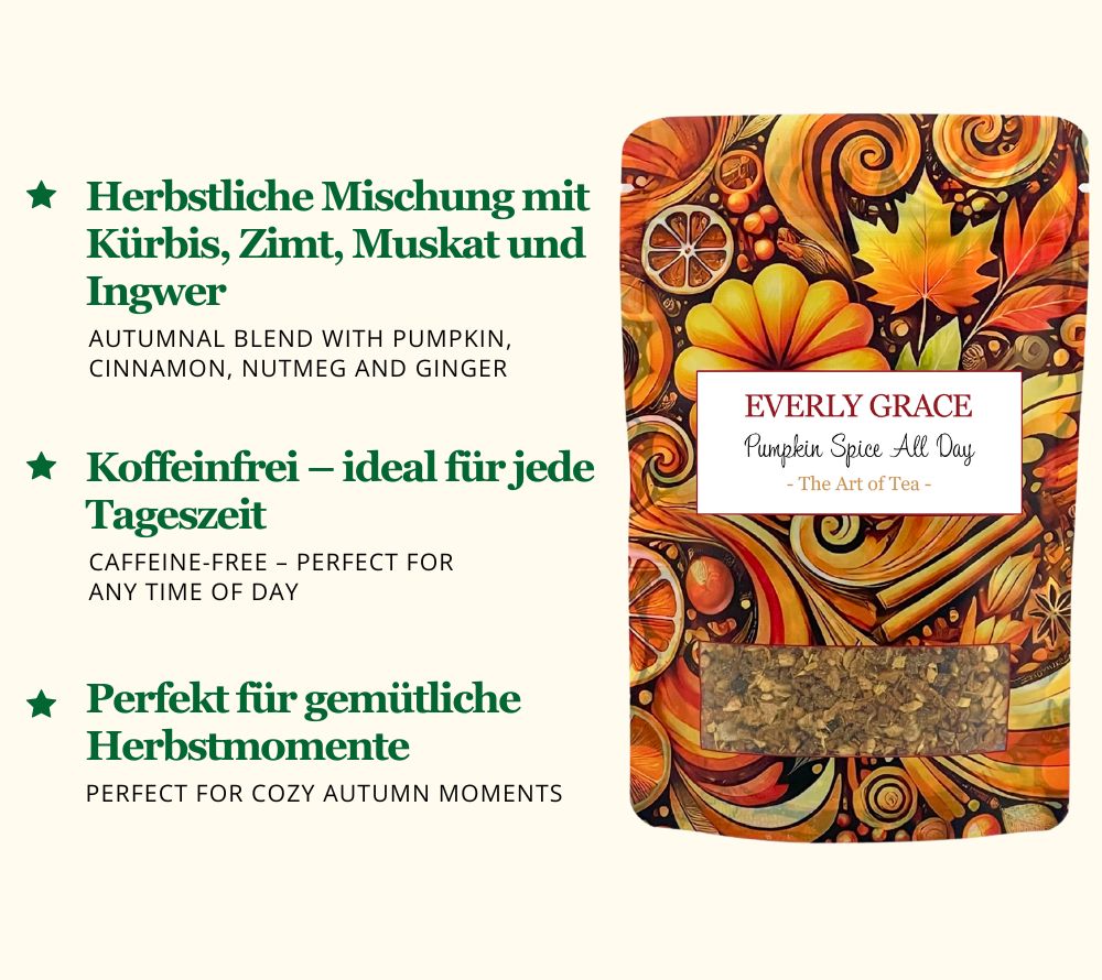 Pumpkin Spice All Day Tea ✓ Kürbis, Zimt, Muskat & Ingwer ✓ Koffeinfrei – ideal für jede Tageszeit  ✓  Europaweiter Versand ✓ Jetzt bestellen!