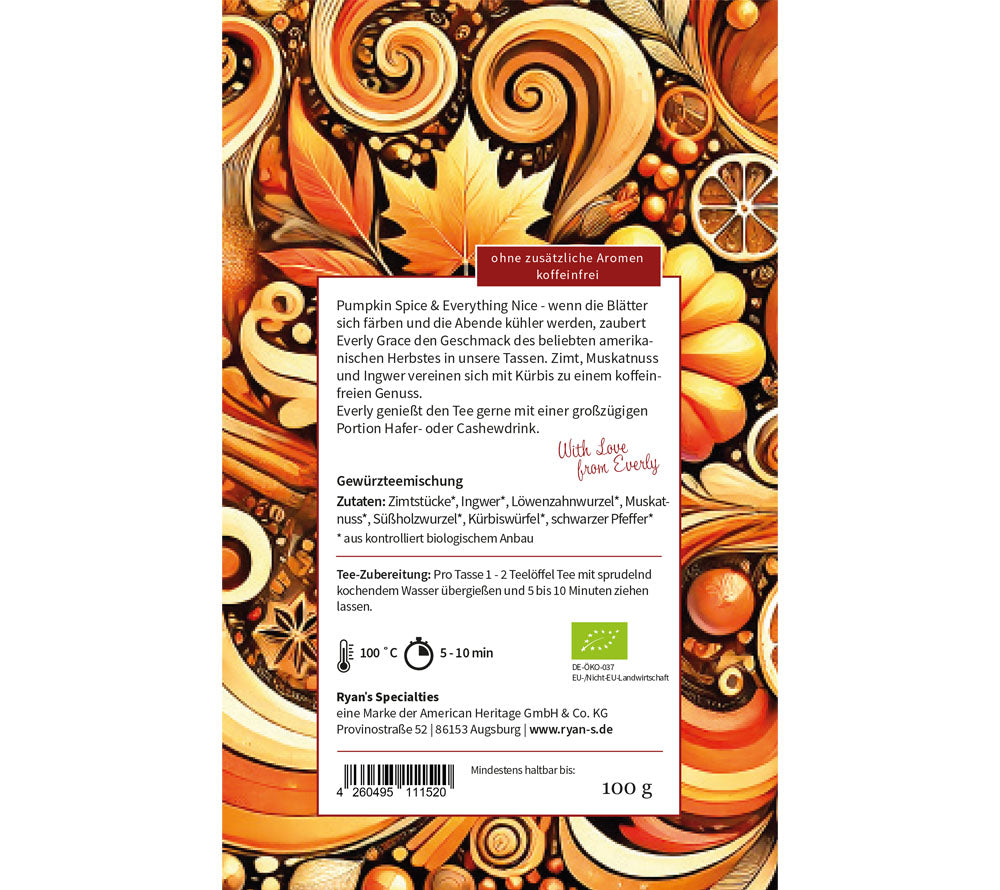 Pumpkin Spice All Day Tea ✓ Kürbis, Zimt, Muskat & Ingwer ✓ Koffeinfrei – ideal für jede Tageszeit  ✓  Europaweiter Versand ✓ Jetzt bestellen!